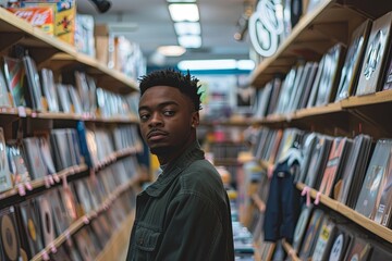 Obraz premium Portrait of a young black man in a record store