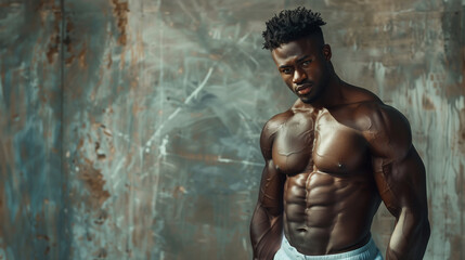 Portrait of a black, African American male fitness model, focus on well-defined abs muscles, concrete wall in the background - 786365756