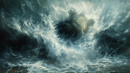 Dramatic and turbulent ocean waves in a storm, depicted in a dark and moody artistic style.