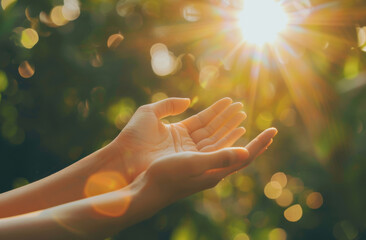 Hands, pray and person with worship, flare and believe for grace, light and forgiveness with gratitude. Sunshine, Christian and outdoor with nature and praise with faith and spiritual with compassion - obrazy, fototapety, plakaty