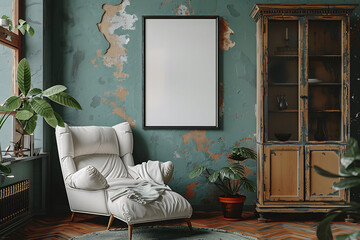 A mockup poster frame 3d render in a vintage armoire, above a plush recliner, game room, Scandinavian style interior design, hyperrealistic