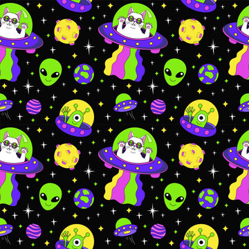 Cartoon colorful set seamless pattern with UFO alien cat. 
