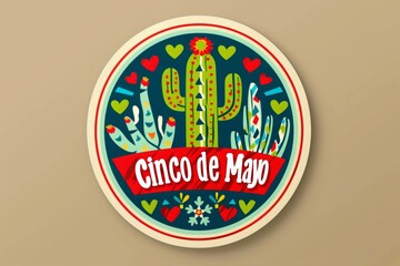 Cinco de Mayo sticker with Mexican traditional patterns and text on a circular label, featuring a cactus decoration