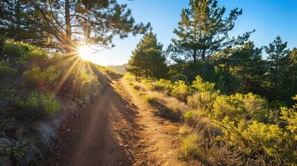 Obraz premium A sunlit trail lined with trees and shrubs under a clear blue sky