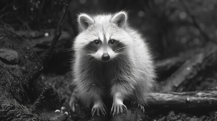 Close up portrait of a raccoon sitting on a sheared tree in the forest, black and white photo