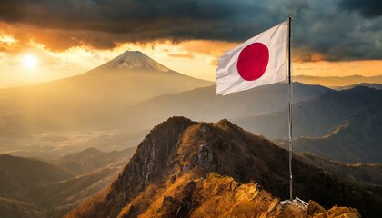 The Flag of Japan On The Mountain.