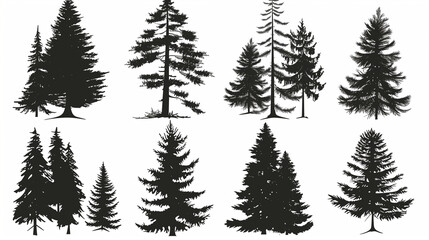 Pine tree silhouettes. Evergreen forest firs and spruces black shapes, wild nature trees templates....