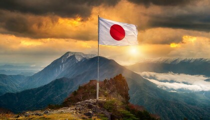 The Flag of Japan On The Mountain.