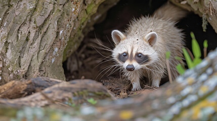 Close up portrait of an albino raccoon peeking out of a tree hollow in the forest - 786366533