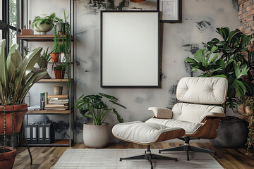 A mockup poster frame 3d render in an industrial shelving system, above a plush recliner, home office, Scandinavian style interior design, hyperrealistic
