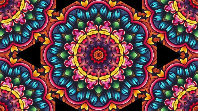 Radiant hues and intricate patterns come together in the seamlessly looping abstract kaleidoscope mandala in 4k