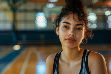Portrait of a young woman in indoor basketball court