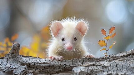 Close up portrait of an albino ferret peeking out from behind a sheared tree in the forest - 786367535