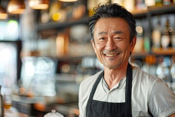 Fototapeta premium Smiling portrait of a middle aged male barista