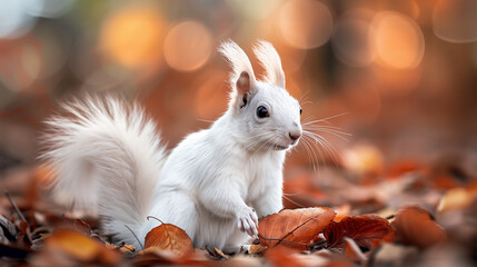 Close up portrait of an albino squirrel sitting on a the ground in the forest - 786367747
