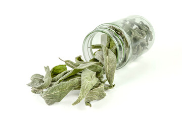 Dried sage and a glas jar isolated on a white background