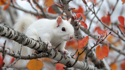 Close up portrait of an albino squirrel sitting on a tree branch in the forest - 786367966