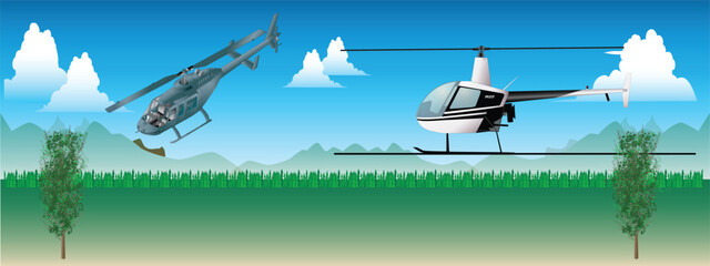 Helicopter,airplane vector design with landscape background illustration