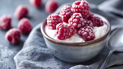Fresh raw red raspberries with natural creamy yogurt - obrazy, fototapety, plakaty