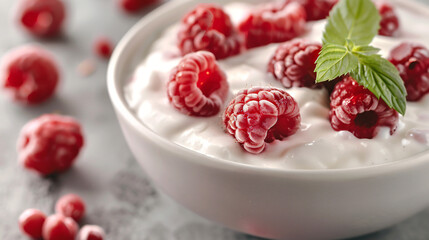Fresh raw red raspberries with natural creamy yogurt