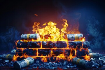 Money burning in a fireplace to keep warm during winter, A satirical depiction of the rising cost of energy - obrazy, fototapety, plakaty