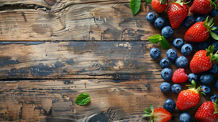 Fresh strawberries and blueberries on old wooden table