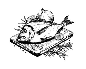 Dorada fish on a board with rosemary. Food. Black and white outline. Vector illustration.
