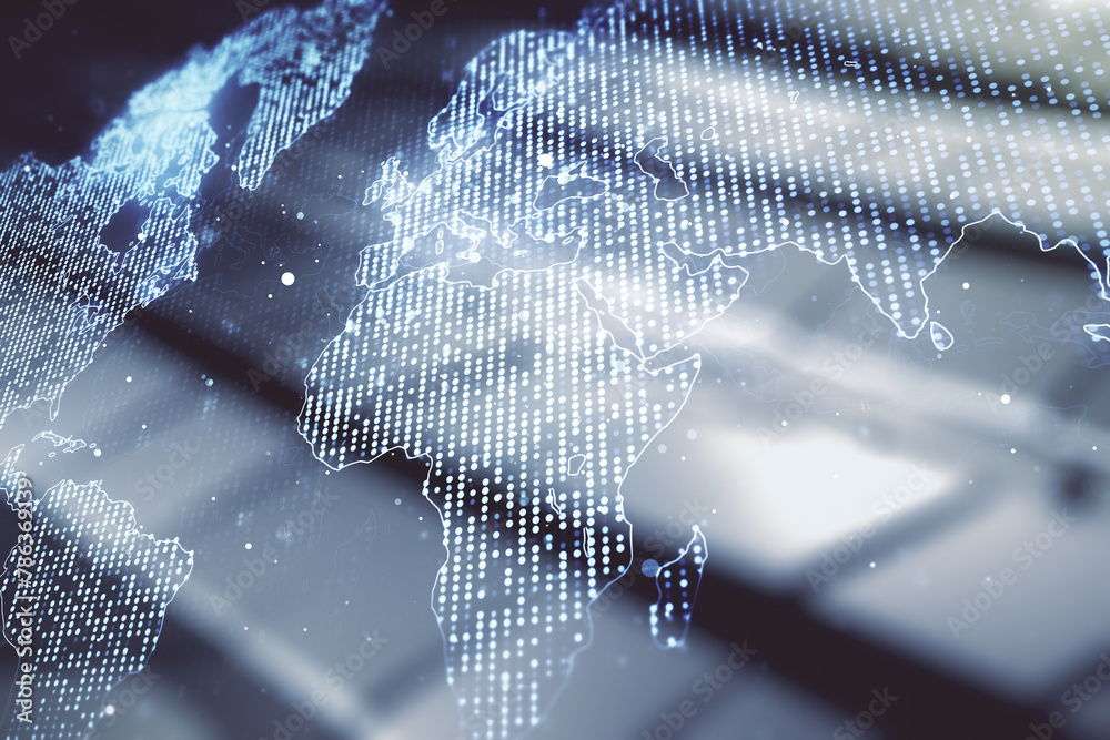 Aufkleber multi exposure of abstract graphic world map on abstract metal background, big data and networking c