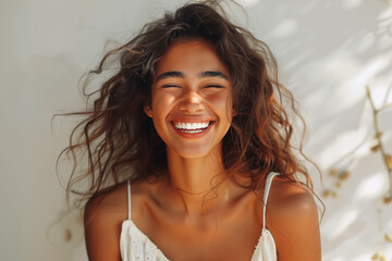 Portrait of a young hispanic woman laughing sincerely, summer time, white dress with thin straps, white wall behind her - obrazy, fototapety, plakaty