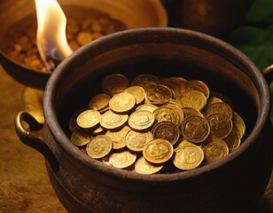 Golden Coins in Kalash Symbolizing Wealth and Prosperity, Treasure in a jug, Happy St patrick day. Big cauldron full of gold coin.