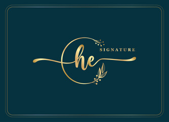 luxury gold signature initial HE logo design isolated leaf and flower