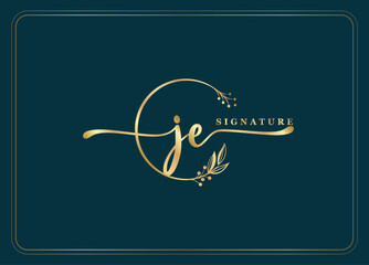 luxury gold signature initial JE logo design isolated leaf and flower