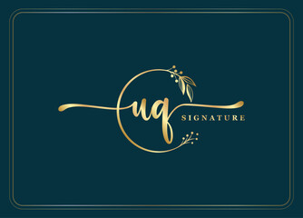 luxury gold signature initial UQ logo design isolated leaf and flower
