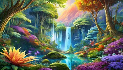 Create a fantastical and richly detailed painting of an enchanted forest. The scene is vibrant with a wide variety of alien plant life, featuring an enormous trumpet flower and a cascading waterfall 