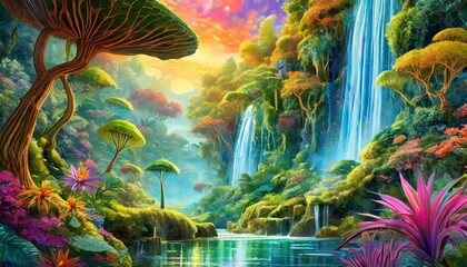 Fototapeta na wymiar Create a fantastical and richly detailed painting of an enchanted forest. The scene is vibrant with a wide variety of alien plant life, featuring an enormous trumpet flower and a cascading waterfall 