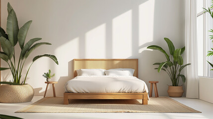 Minimalist Bedroom Interior: Natural Wood Furniture and Potted Plants