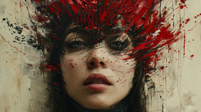 Portrait of a woman with dramatic red and black paint splashes across her face and background, creating an intense and artistic expression.