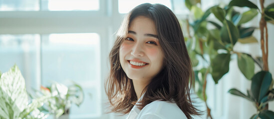 明るく美しいボケの、朝の陽ざしが入る窓辺で優しく笑う20代のアジア人女性	