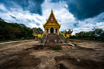 Chachoengsao, Thailand, 28 July 2023. Traditional Thai temple adorned with intricate designs and...