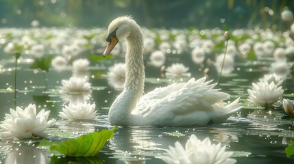 Obraz premium A serene image of a swan gracefully swimming among white water lilies in a tranquil pond, bathed in soft sunlight.