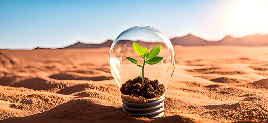 A little growing green plant inside of a light bulb in desertic landscape. For concept of reforestation and recovery of landscapes desertified by human impact. Panoramic view.  - obrazy, fototapety, plakaty