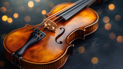 Close-up of a violin on a dark textured surface with soft glowing lights in the background.