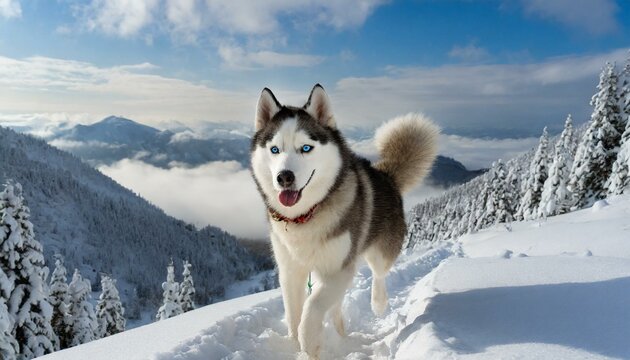 Numa trilha na montanha, um Husky Siberiano lidera uma expedi&ccedil;&atilde;o emocionante atrav&eacute;s da neve, seu pelo espesso e seus olhos azuis brilhantes refletindo sua adaptabilidade ao clima frio. 