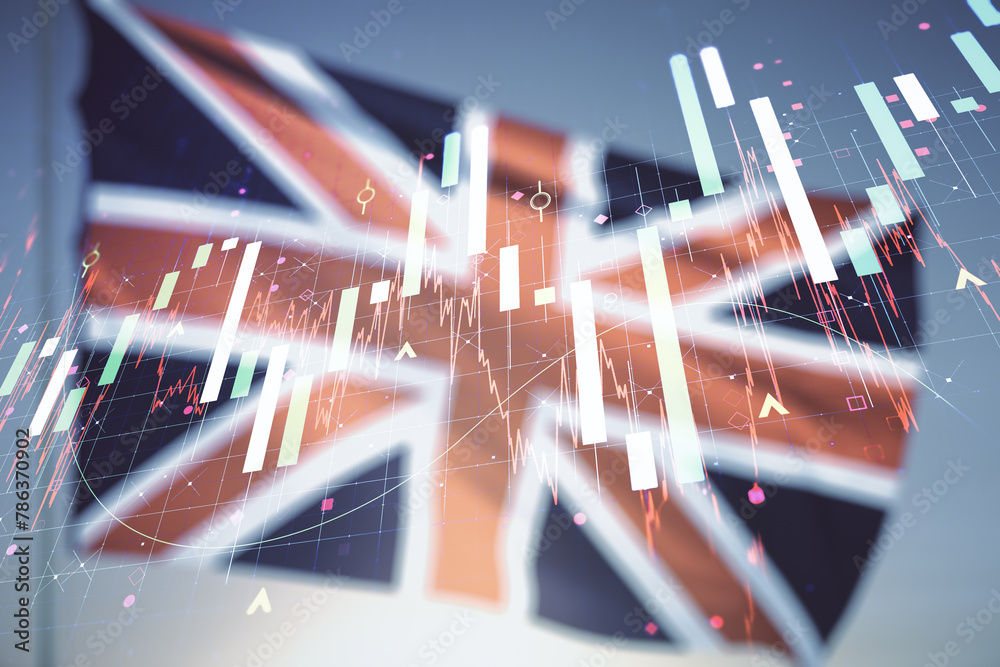 Poster multi exposure of virtual abstract financial graph interface on british flag and sunset sky backgrou