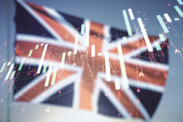 Multi exposure of virtual abstract financial graph interface on British flag and sunset sky...