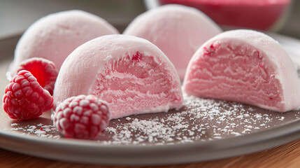 Japanese mochi ice cream filled with raspberry