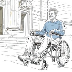 A happy individual in a wheelchair is depicted in a line drawing in front of a building with classical architecture