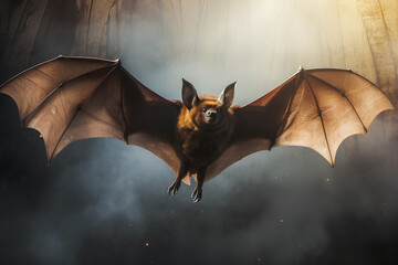 a bat flying through the air with its wings spread out - obrazy, fototapety, plakaty