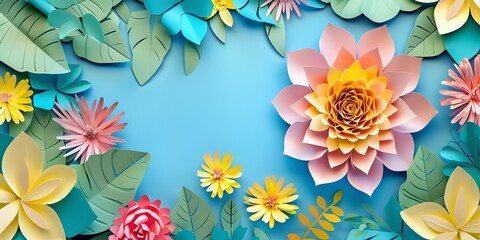 Fototapeta na wymiar A paper art background flower, copy space in the middle, vibrant color palette for banner, dominant Blue color