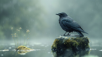 Fototapeta premium A raven perched on a mossy rock in the rain, with a misty forest background.